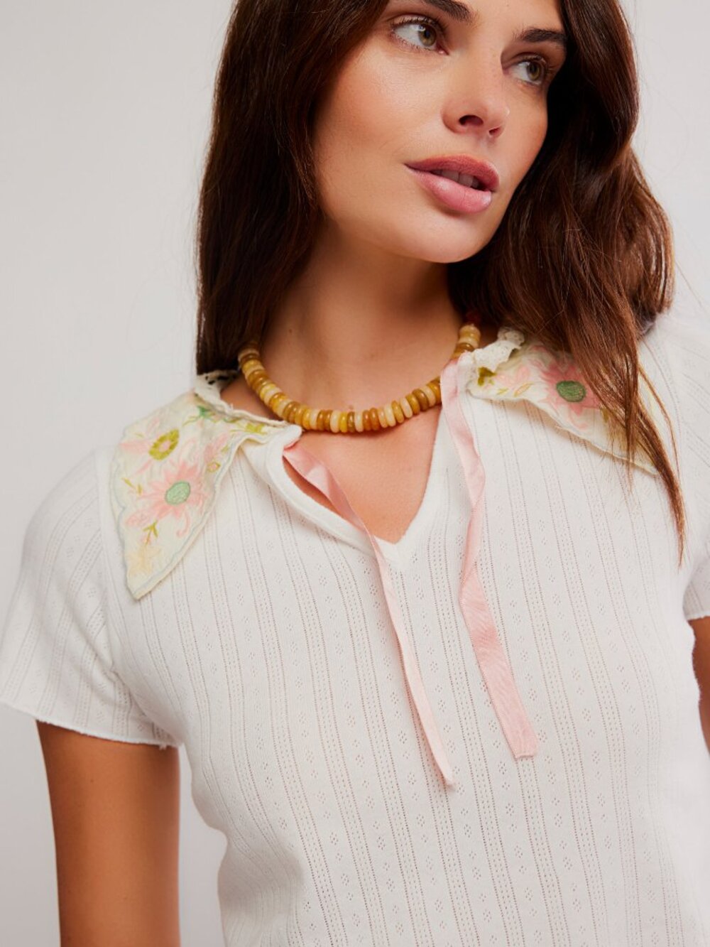 Free People Pointelle Blouse with Bow & Peter Pan Collar